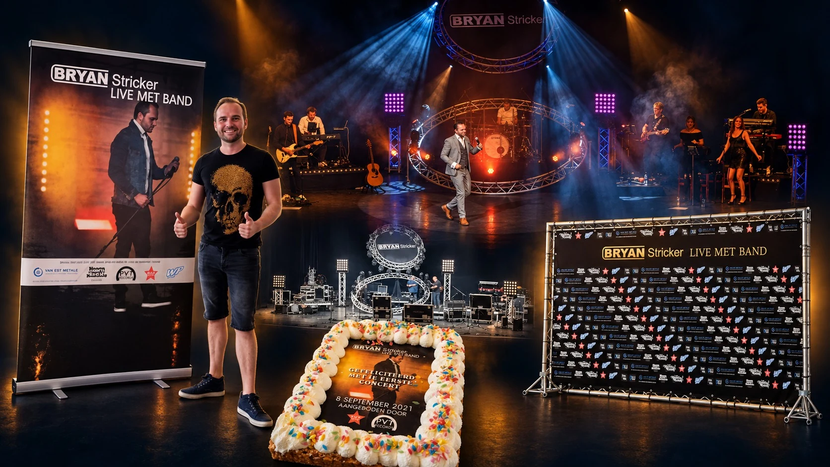 Compilatie van Bryan Stricker Live met band: de concertposter, Bryan, het podium, de voorbereidingen en de sponsorwand