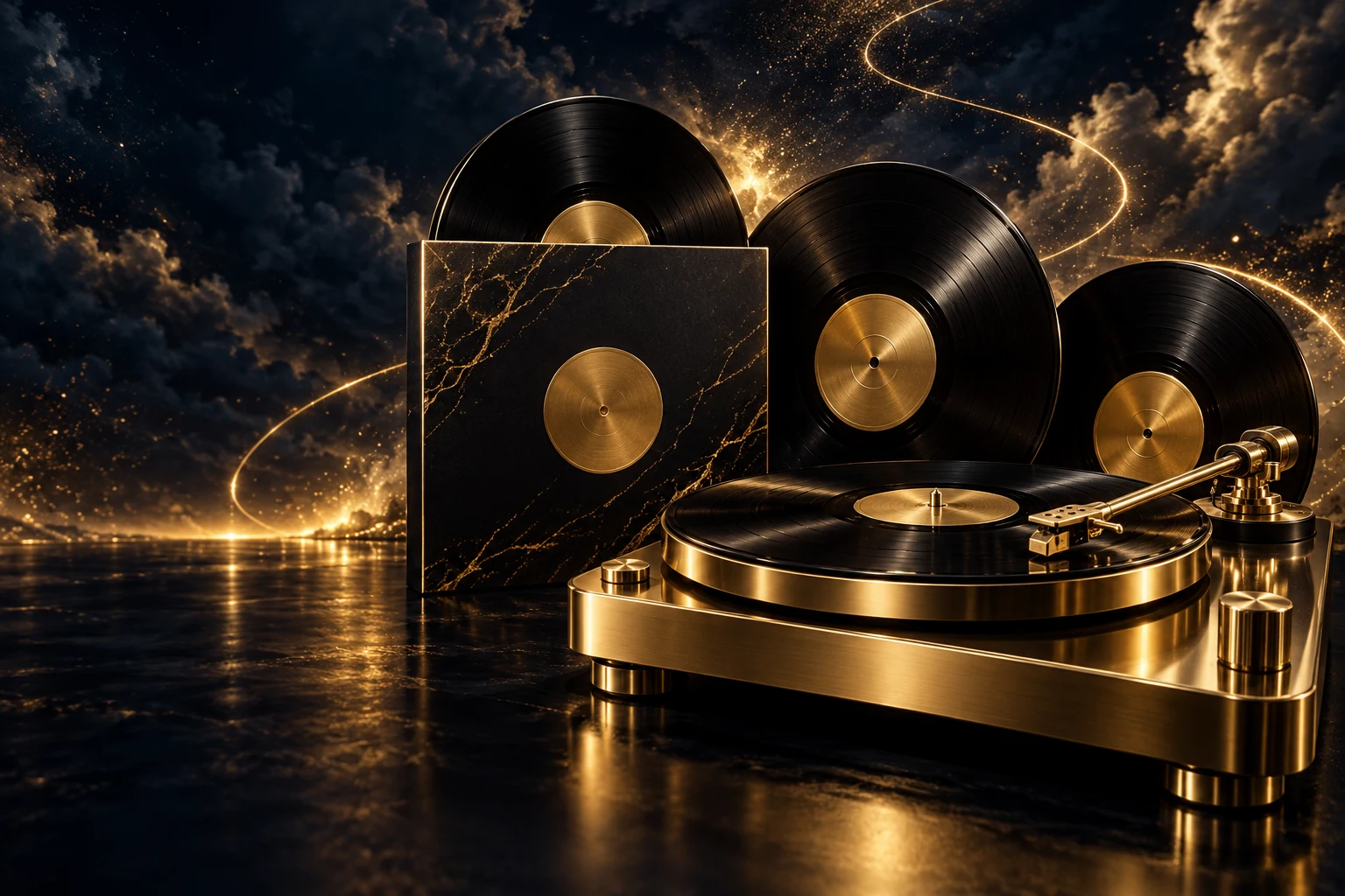 Vinylplaten en een gouden platenspeler