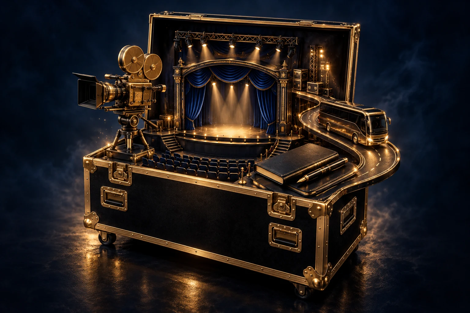 Een entertainmentwereld uit een flightcase: podium, filmcamera, tourbus en managementportfolio