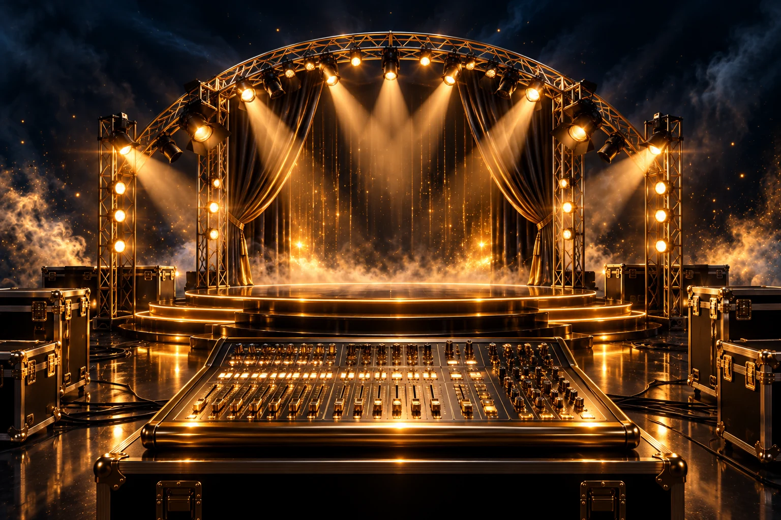 Gouden podium, lichtinstallatie en mengtafel voor producties