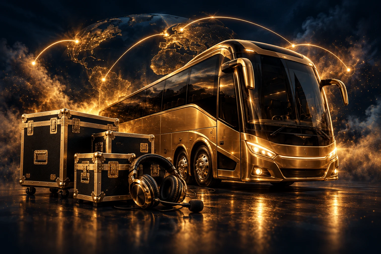Gouden tourbus, flightcases en headset voor tourmanagement