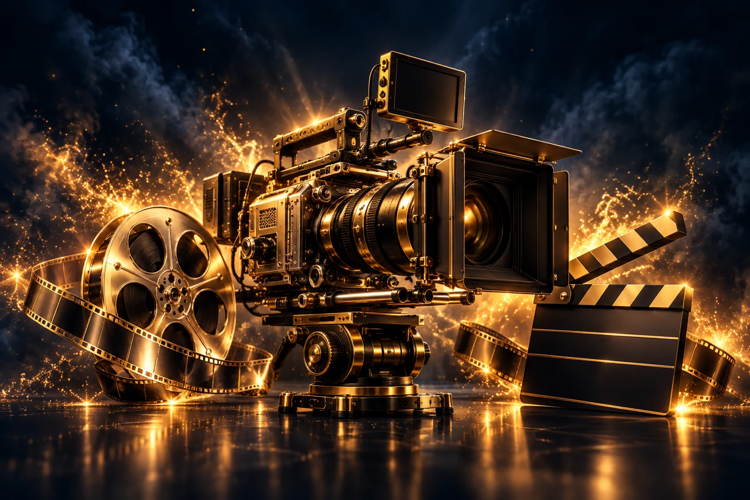 Gouden filmcamera, filmrol en klapbord voor videoproducties