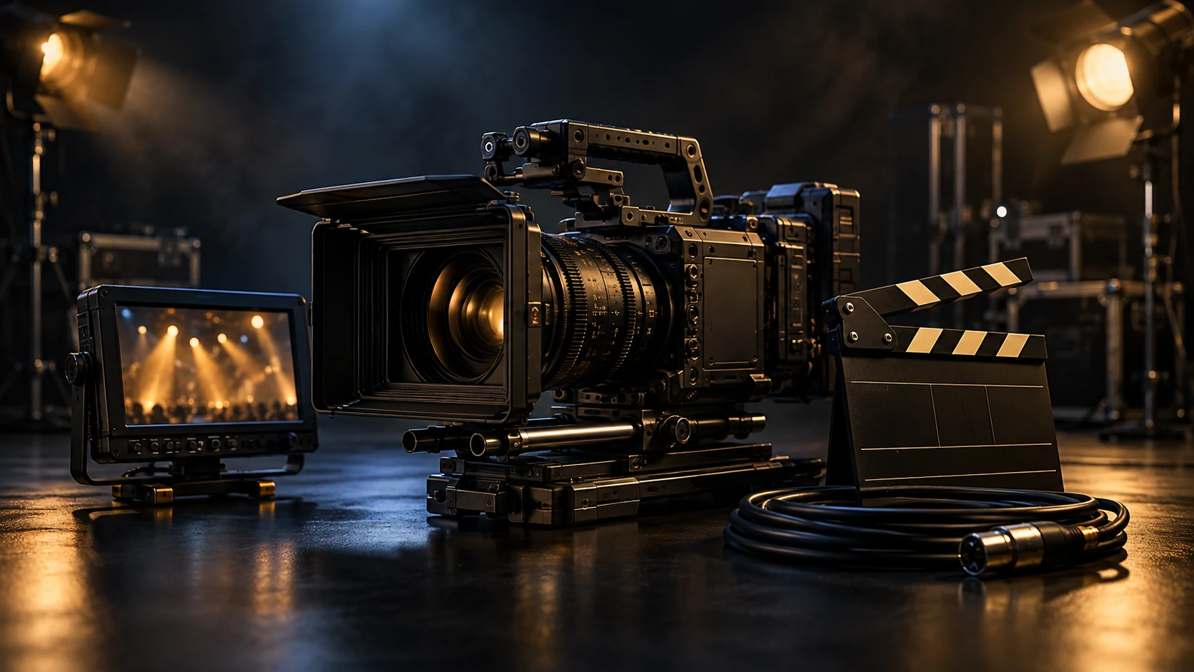 Professionele filmcamera, monitor en filmklapper in een donkere studio